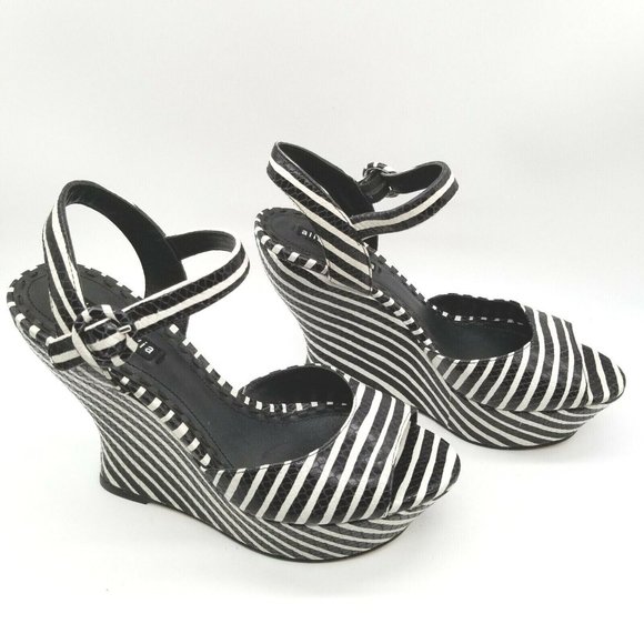 Alice + Olivia Shoes - Alice + Olivia Womens Black White Striped Platform Wedge Sandals US 8.5 EUR 39